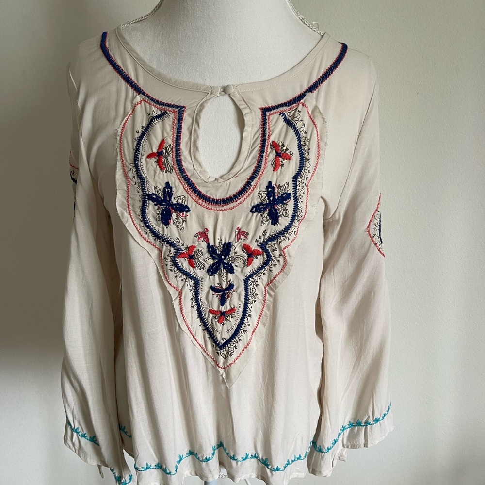 T.J.Maxx Cream Blouse with Blue and Red Embroidery